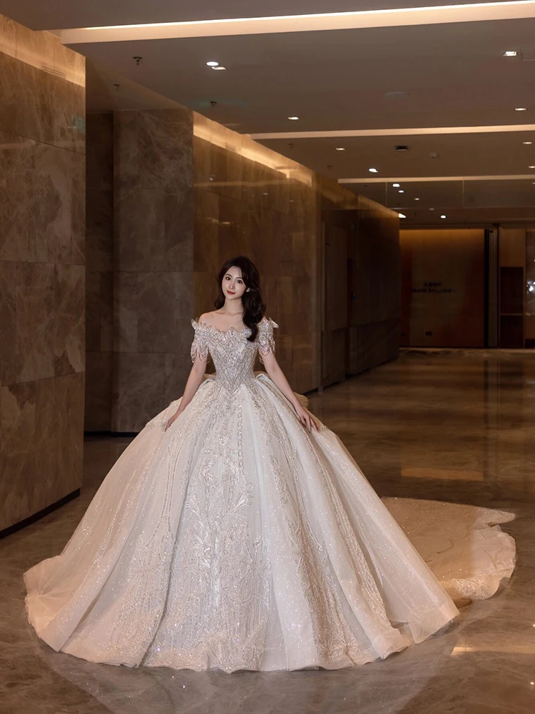 Vestido De Novia De lujo personalizado, hombros descubiertos con bordado De cuentas, vestidos De baile De princesa, novedad De 2024