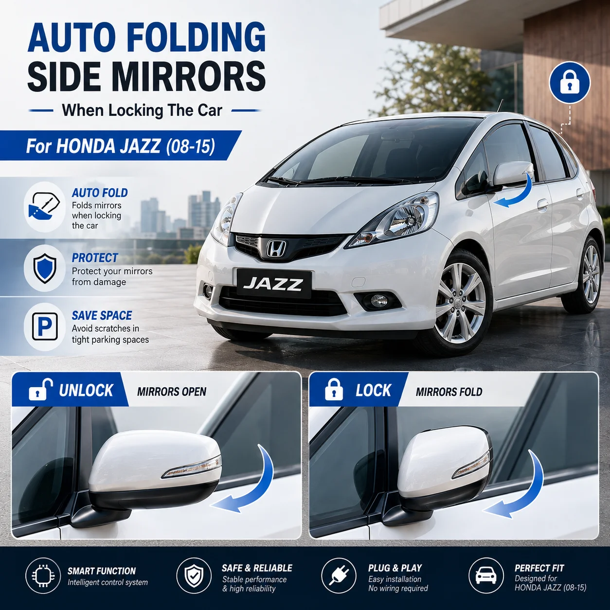Side mirror folding module for Honda Jazz (2008–2015): folds mirrors upon locking and automatically unfolds them upon unlocking.