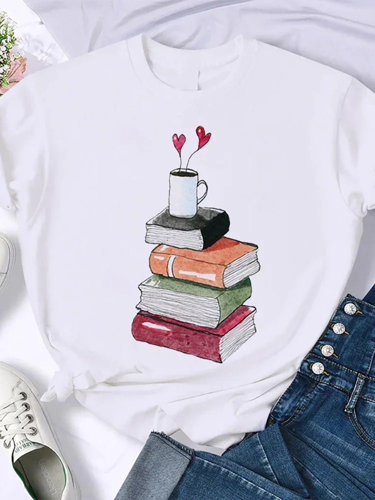 Moda feminina impressão camiseta café & livros camiseta harajuku topos camiseta femme vintage verão menina manga curta topo