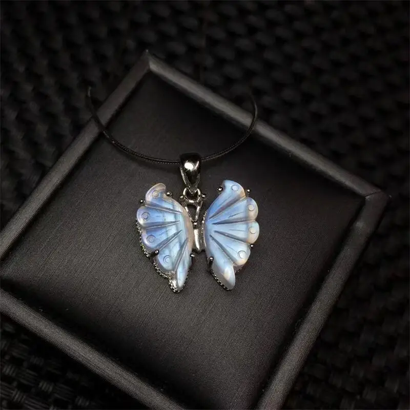 S925 Natural Blue Moon Stone Butterfly Pendant Reiki Healing Fengshui Stone Jewelry For Women Exquisite Gift 1pcs