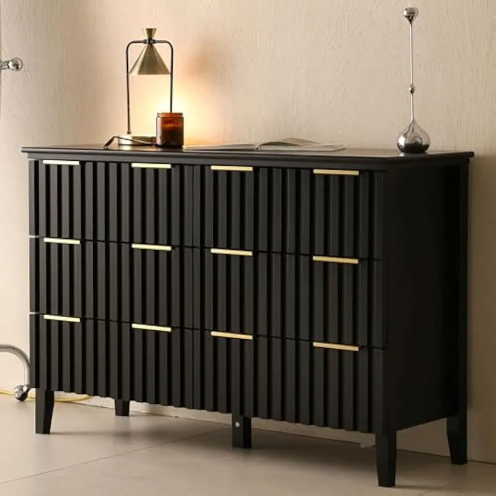 

6 Drawer Dresser for Bedroom Black Fluted Wooden Dresser Tall Chest of Drawers with Double Golden Handles Modern Storage Chest