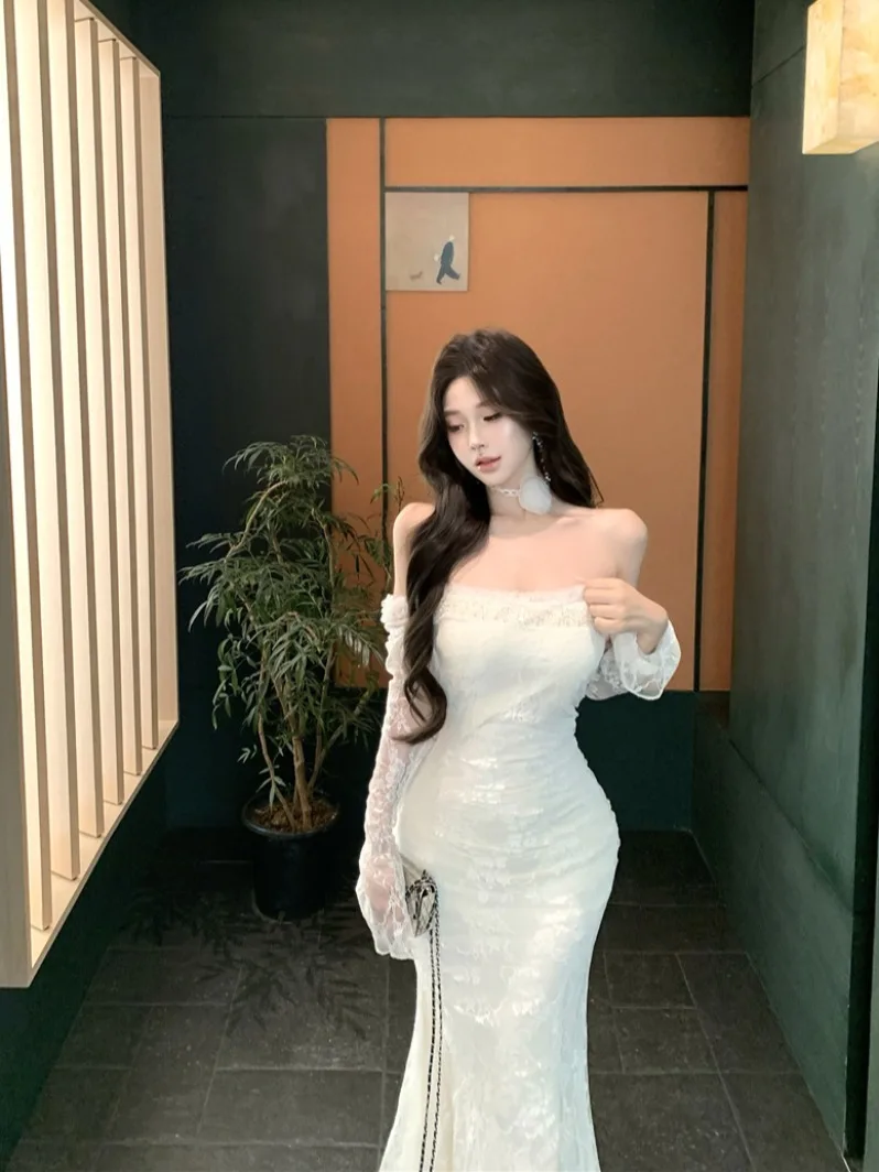 Ele Wit Kant Lange Sve Dr Dames Fi Staart Rok Lange Dr Zacht Meisje Sle Pendelen Sle Herfst Hoge Taille Sli...