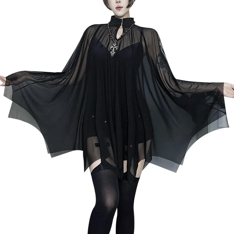 

Women's Black Gothic Bodysuit 2 Piece Set Spaghetti-Strap Bodysuit + Tulle 2000s Vintage Y2K Cape Shawl Aesthetic Halloween Set