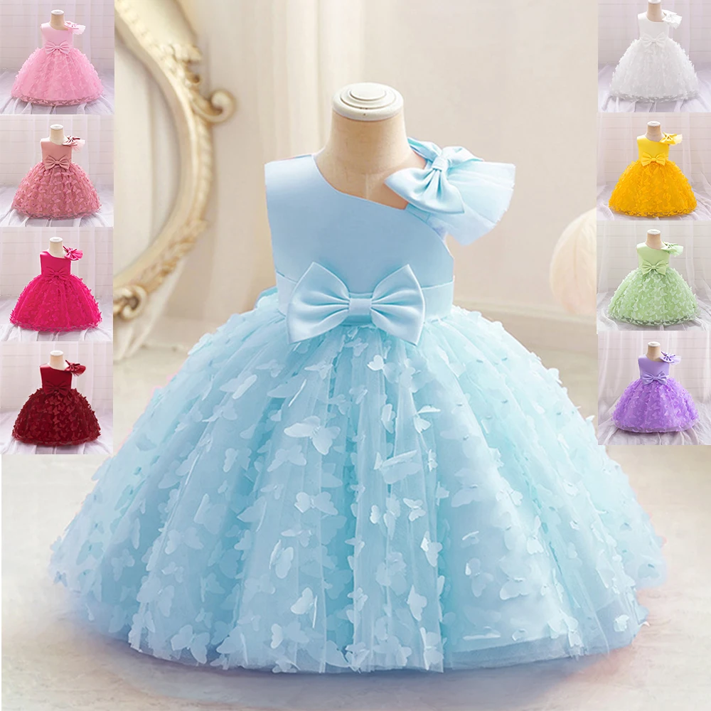 Summer 3D Butterfly Party Dress for Girl Mesh Tutu 1st Birthday Baptism Ball Gown Flower Princess Dress Wedding Prom Kids Clothe