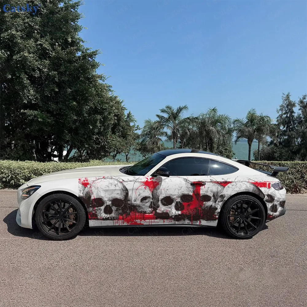 2pcs Skull Cluster Red Paint Drip Car Side Wraps, Self-Adhesive PVC Waterproof & Scratch-Resistant Stickers, Car Accessory Gift