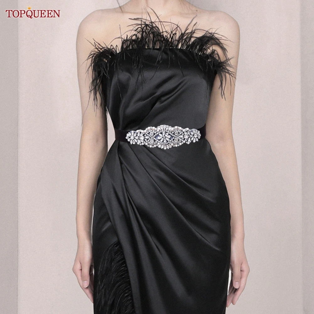 

TOPQUEEN S394-B Glittering Belt Women's Formal Wear Elasticated Belt Decorative Rhinestone Sash Banquet Accessories