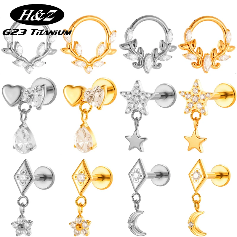 

1PC G23 Titanium Nose Rings Septum Labret Stud Internal Thread Ear Stud CZ Flower Pendant Tragus Stud Flatback Piercing Jewelry