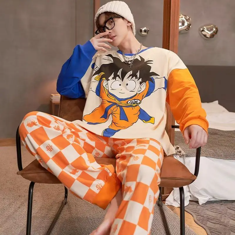 Dragon Ball Sun Wukong Spring and Autumn Cartoon Pajamas Men's Pure Cotton Long Sleeve Youth Home Clothes Set Birthday Gift