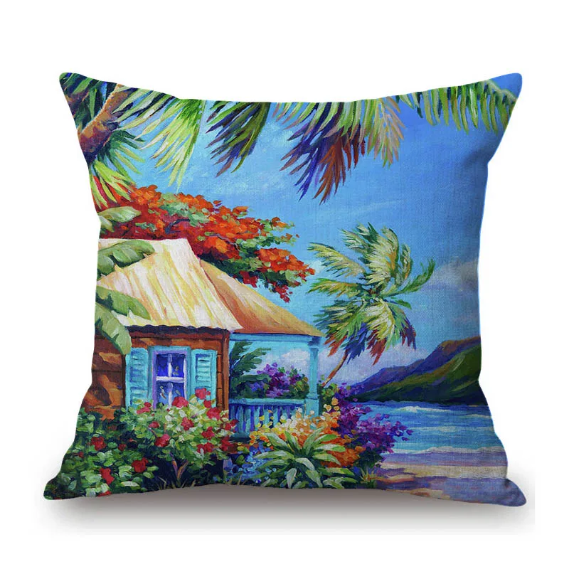 Summer Hawaii Beach Paradise Coconut Tree Dream Life Cottage Oil Painting Sofa Pillow Case Linen Decoration Art Cushion Cover