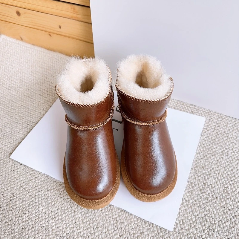 Kuh Leder Kinder Schnee Stiefel Warme Hohe Qualität Wolle Jungen Stiefeletten Winter Echtes Leder Wasserdichte Mädchen Mode Schuhe