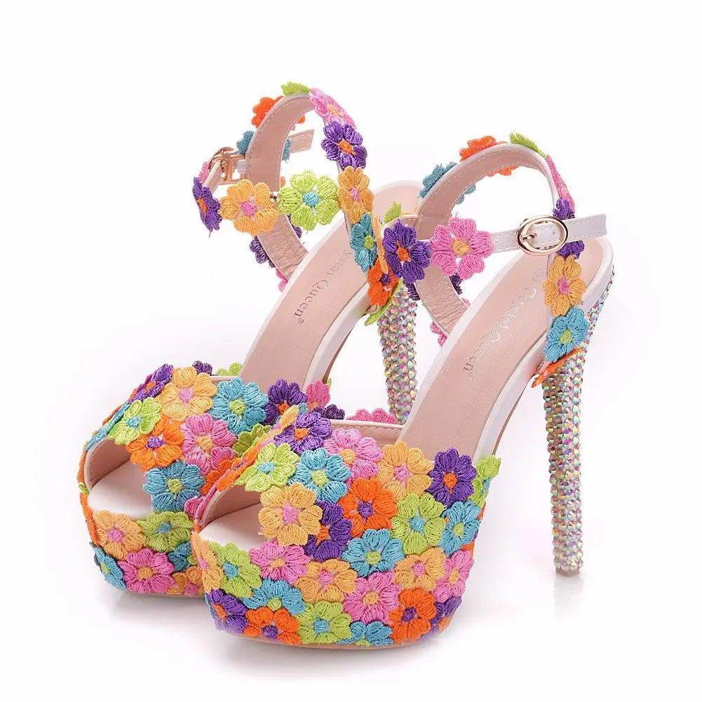 Spring and summer round toe pearl rhinestone lace waterproof table wedding shoes banquet large size high-heeled women's sandals