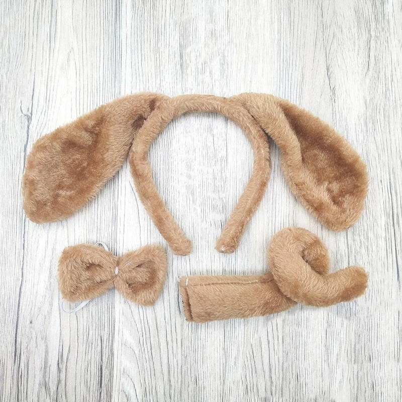 Y1UB – bandeau oreilles chien en peluche décontracté, nœud + queue, cerceaux en poils d'animaux pour cosplayer