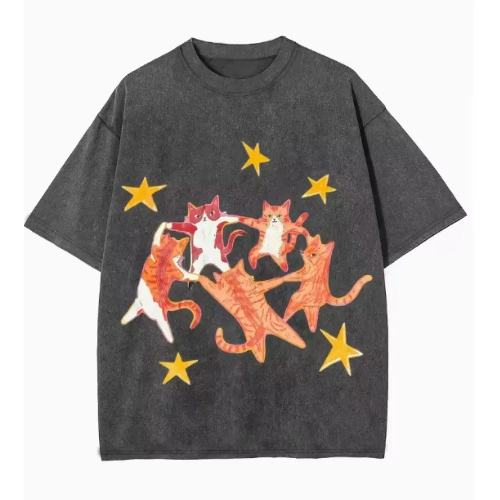 Y2K Style Summer Hip-hop T-shirt Dancing Cat Star Print Unisex Retro T-shirt Top Loose Summer Short Sleeved Shirts