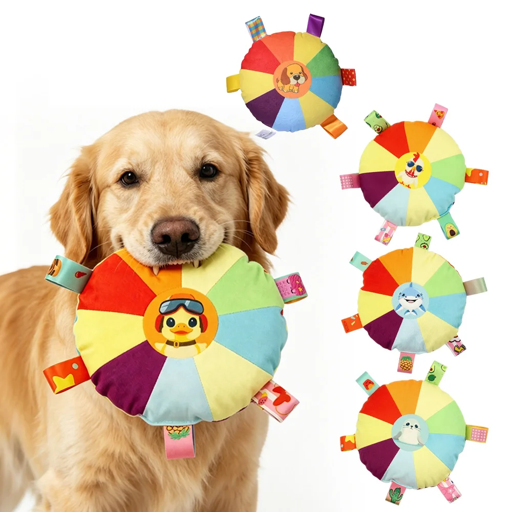 Dog fabric frisbee sound toy with colorful fabric label design, pet plush frisbee outdoor interactive training grinding toy