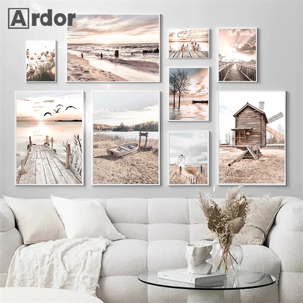 Windmill Boat Canvas Poster Sunset Art Prints Beach Bridge Painting Pictures Dried Grass Reed Print Nordic Poster Bedroom Decor