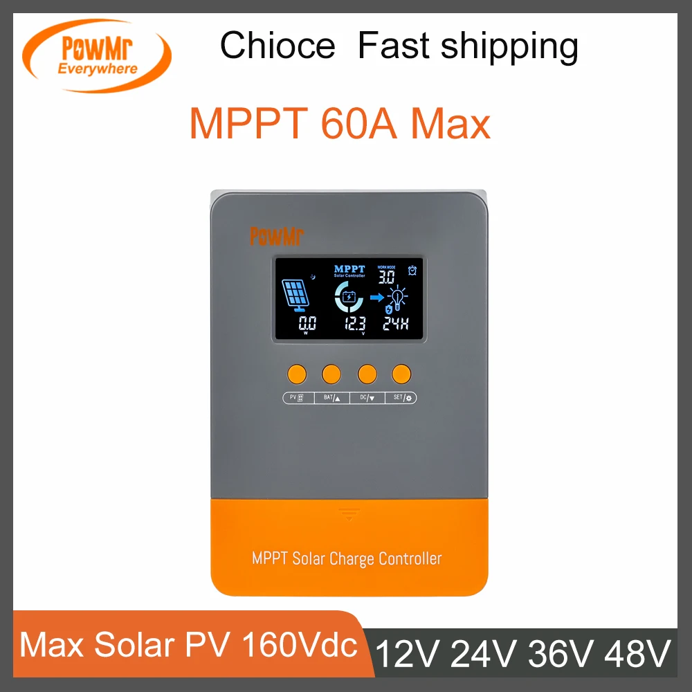 MPPT Solar Charge Controller 60A 12V/24V/36V/48V Auto Backlight LCD Display Solar Panel Regulator Max PV 160V  with Large Screen