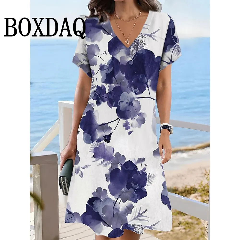 Summer Short Sleeves Dresses Classy Women Dress Loose A-Line Dress Flower Print Woman Clothing Casual V-Neck Pullover Sundress