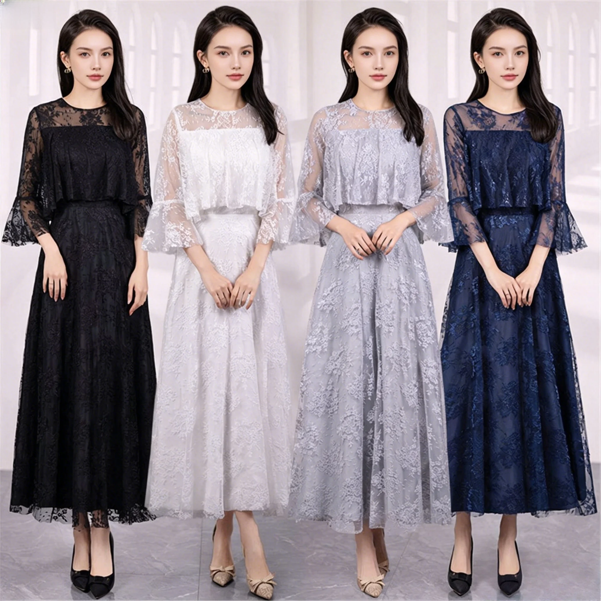 

Elegant Long Lace Dress for Women Party Evening Gown Slimming High-End Maid of Dress European Style Casual Scene