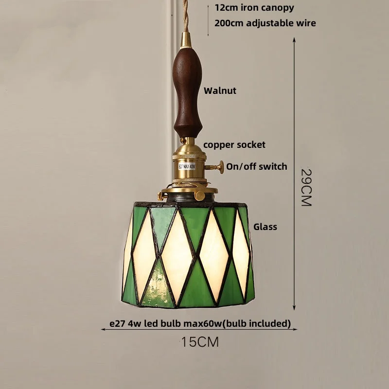 SuffHD-Lampe LED Suspendue en Verre Vert Vintage avec Bouton, Luminaire de Couloir, Café, Salon, Brochure, Bois, Cuivre