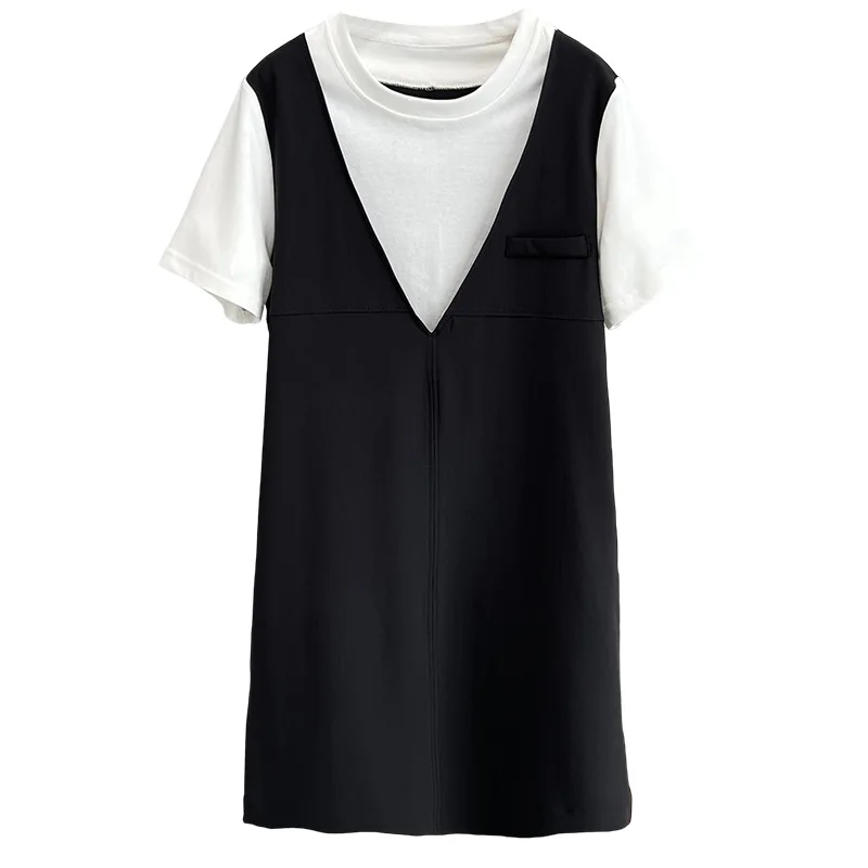 

Женское платье больших размеров 2025 года, летнее новое стильное платье 100 кг, повседневное платье с цветными блоками, искусственное платье из двух частей с короткими рукавами 2516