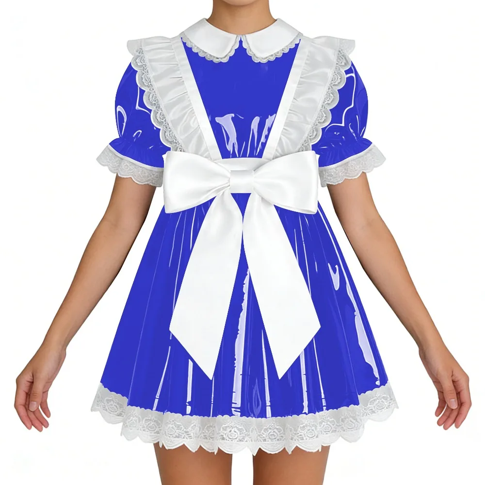 

Замок-застежка, блестящее мини-платье в стиле французской горничной, кружевное, с оборками, бантом, короткий рукав, ПВХ, А-силуэт, платье Лолита, для вечеринок, косплея, униформа, 7XL