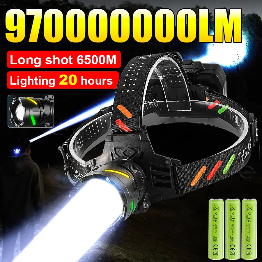 

Самый мощный светодиодный налобный фонарь 97000000LM, ультраяркий, 6500 м, перезаряжаемый, для рыбалки и охоты, на аккумуляторе 18650