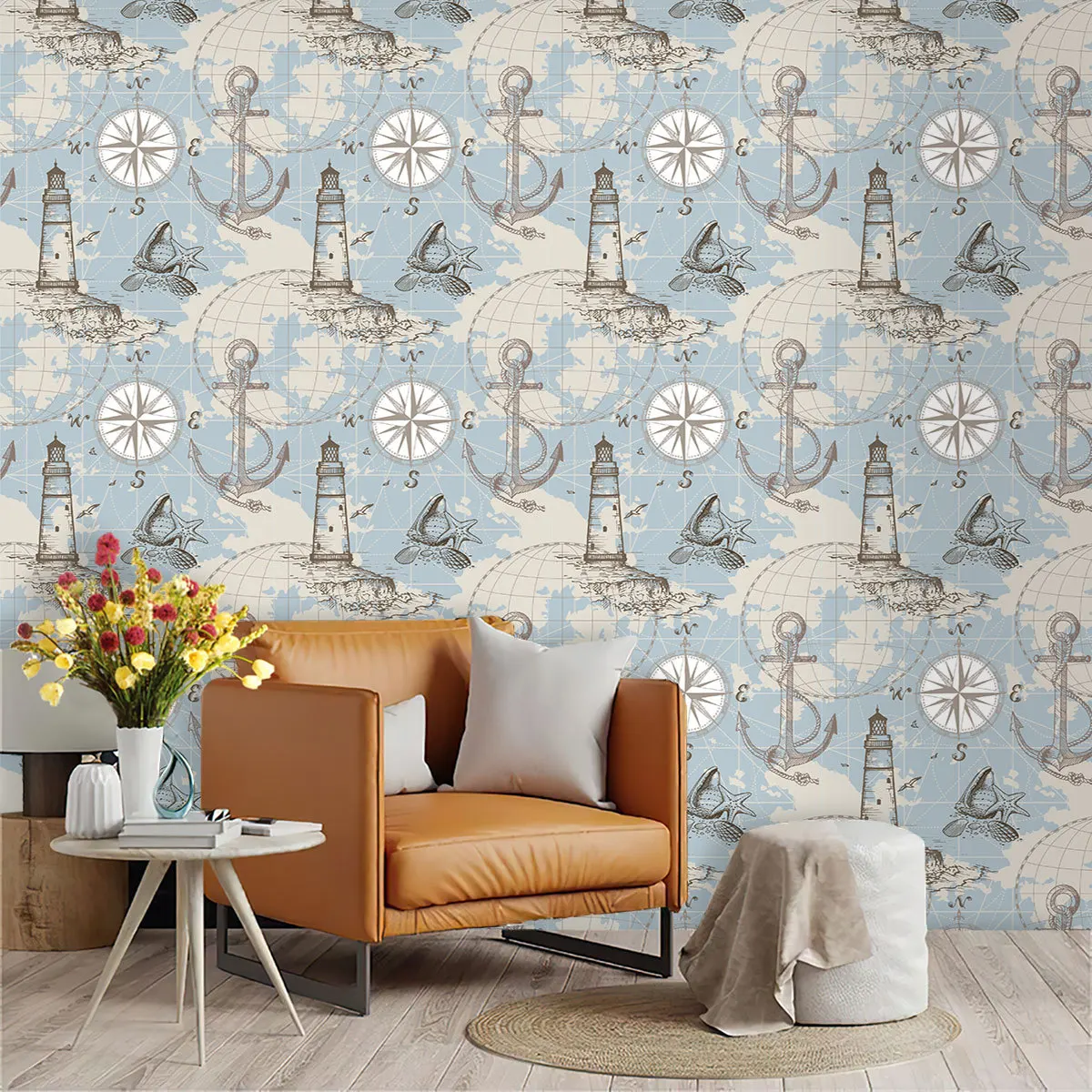 Peel and Stick Nautical Ocean Map Wallpaper Self Adhesive Lighthouse Starfish Seashell Wall Sticker Paper for Boys Kids Bedroom