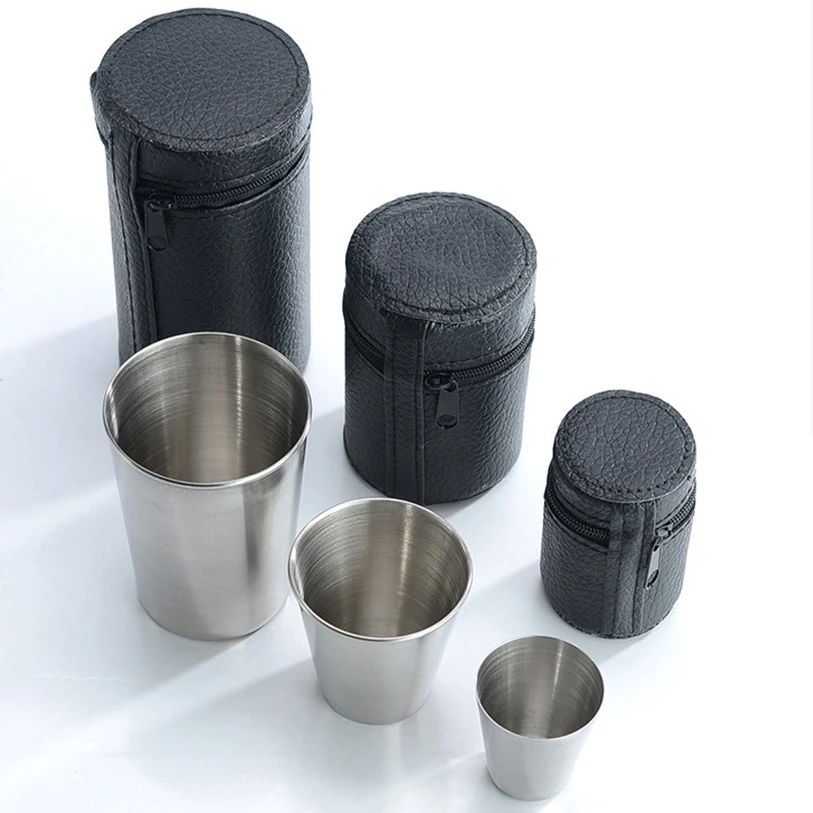 30/70/170ml portátil bebida licor álcool uísque caneca de vodka ao ar livre copos de aço inoxidável conjunto mini óculos bainha de couro