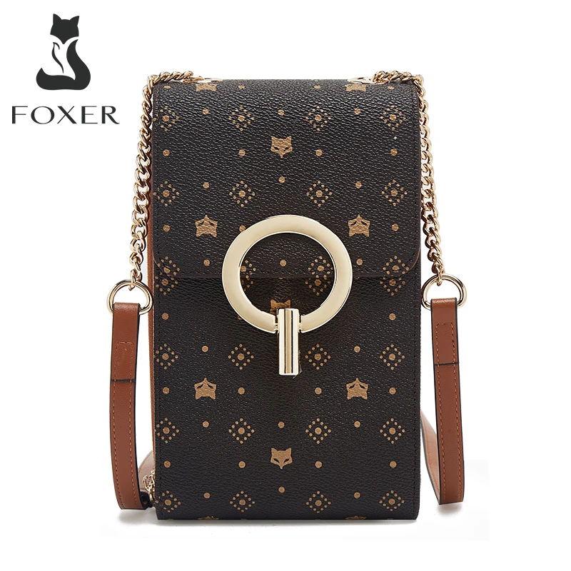 FOXER Women\'s Brown Monogram Cellphone Bag Vintage Flap Shoulder Bag Crossbody Bag PVC Leather Lady Small Shopping Messenger Bag