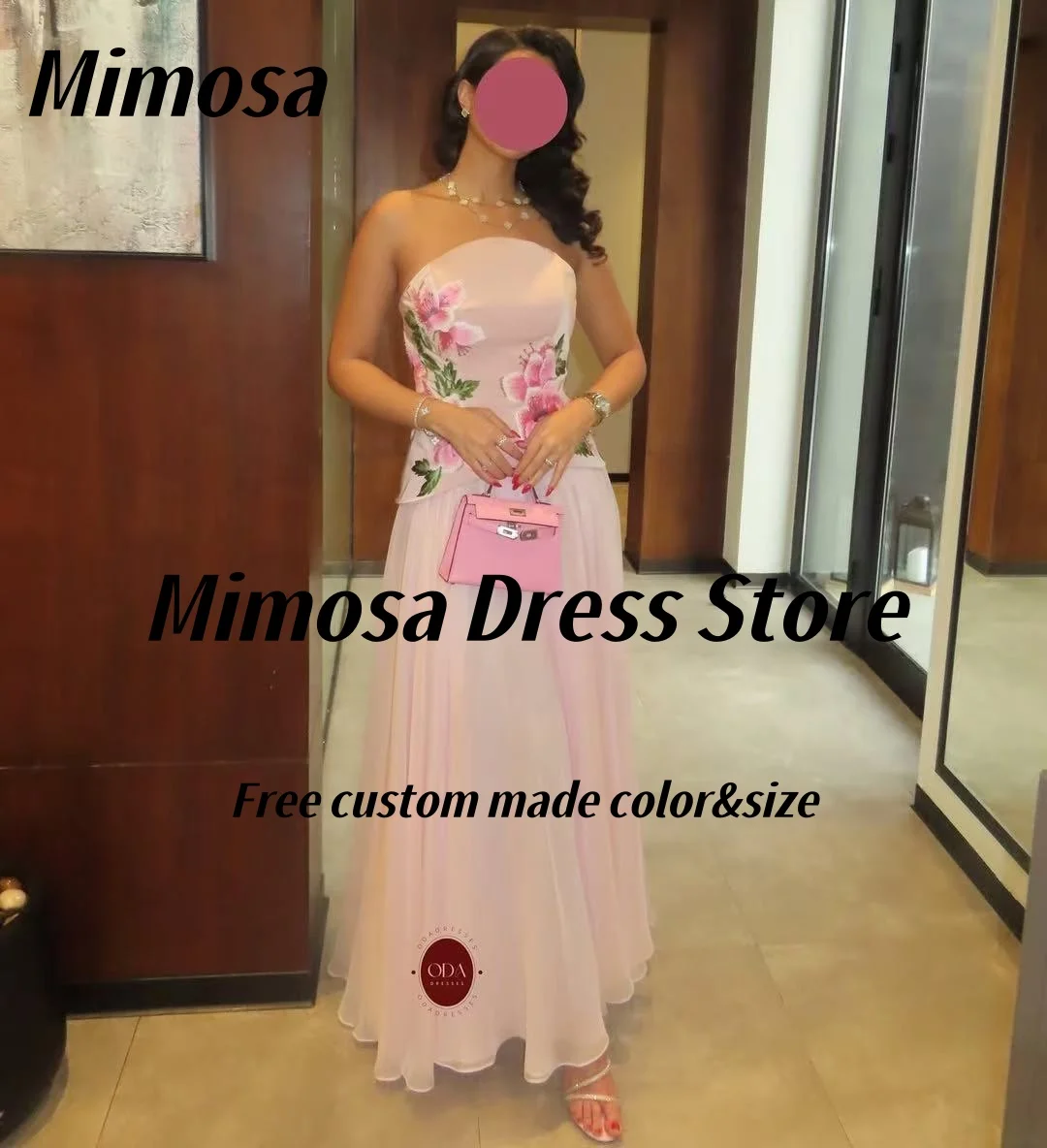 Mimosa 2025 vestidos de fiesta sin tirantes con bordado de flores, vestido de noche a medida, vestido de fiesta de gasa fruncido personalizado