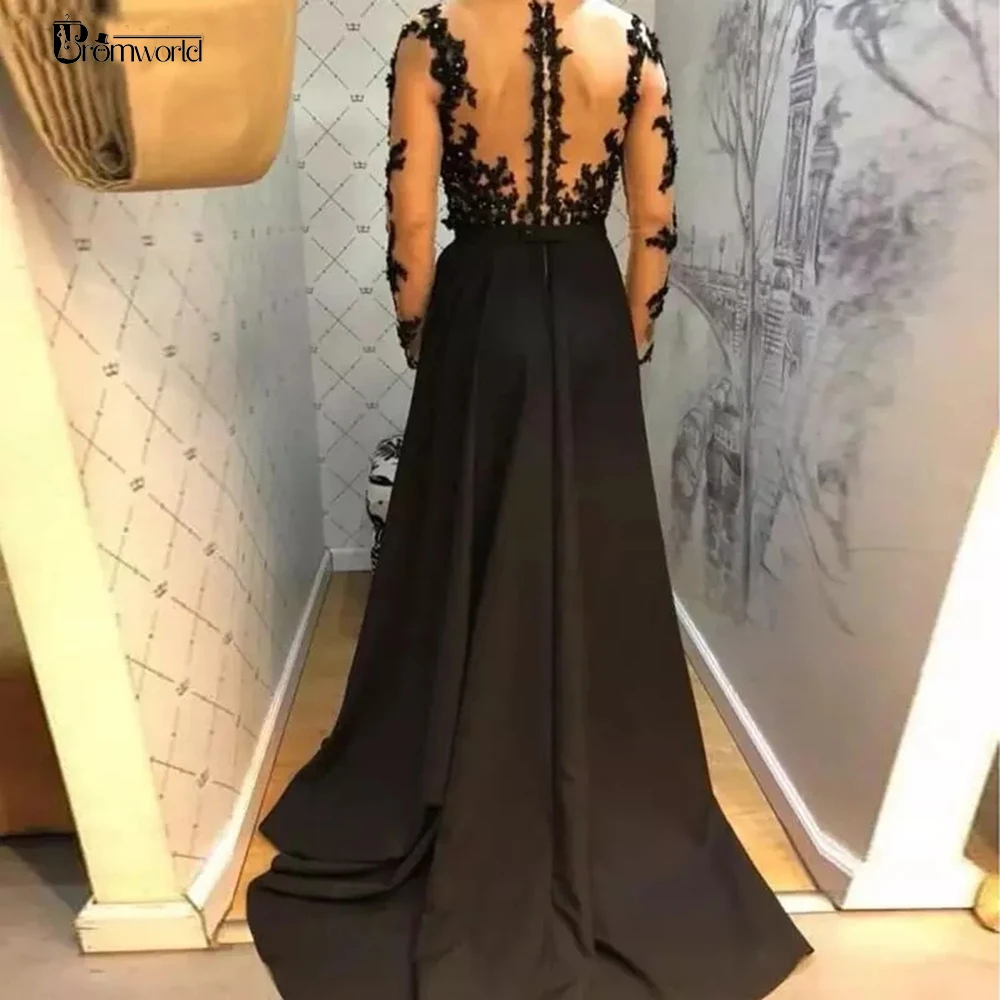 Elegante vestido de fiesta de manga larga para mujer, vestido Formal negro, hecho a mano, flores de cristal, satén, encaje, vestidos de noche, 2023