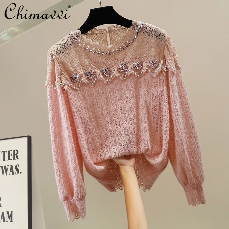 

2025 Autumn New Korean Fashion Heavy Lace Patchwork Beaded Knitted Shirt Long Sleeve Loose Elegant Sweet Girl Women's Top