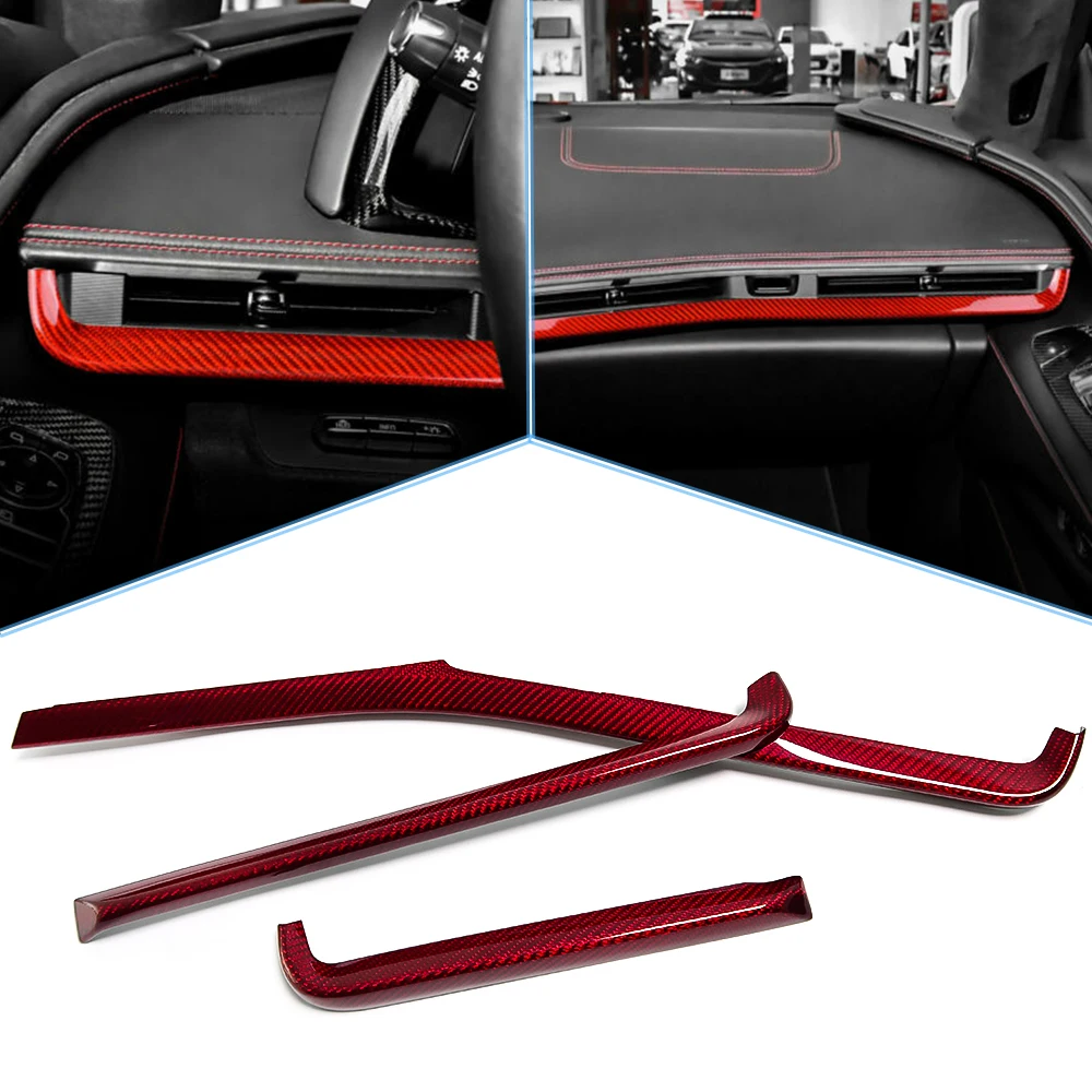 3pcs Red Carbon Fiber Interior Console Dashboard Panel Cover Trim For Chevrolet C8 Corvette Stingray Z51 Z06 2020 2021 2022 2023