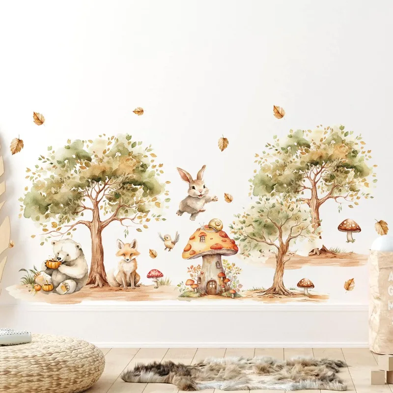 2Pcs Rural Tree Fox Rabbit Bear Wall Stickers Baby Room Decor for Home Decoration Essentials Kids Room Wall Decals Living Room