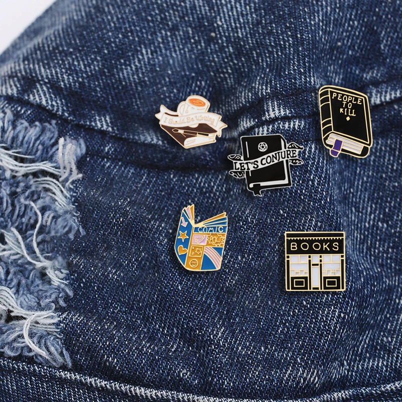 Funny Library Books Pines Backpack Clothes Metal Lapel Pins Badges Jewelry Gifts for Friends Black Punk Magic Book Enamel Brooch