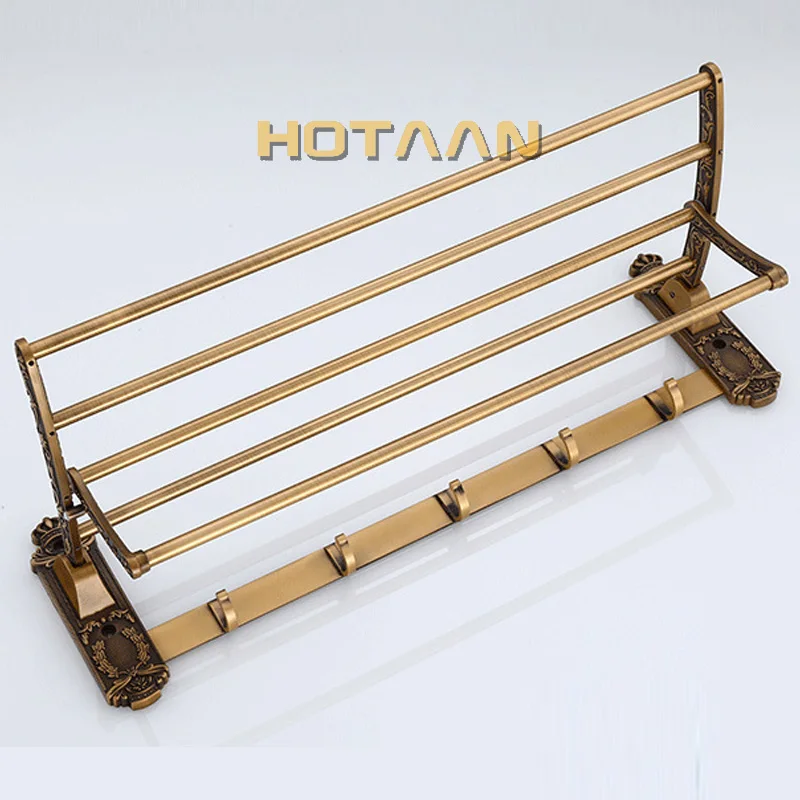 Aluminum Foldable Antique Brass Bath Towel Rack Active Bathroom Towel Holder Double Towel Shelf With Hooks Bathroom Accessories