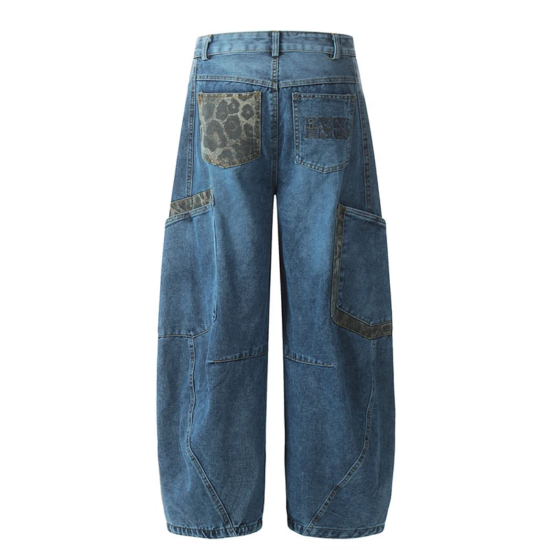 FEWQ-Jeans à la mode américaine pour hommes, grande poche, conception de couteau incurvé, épissage imprimé léopard, jambe large, personnalité, fj24E5263