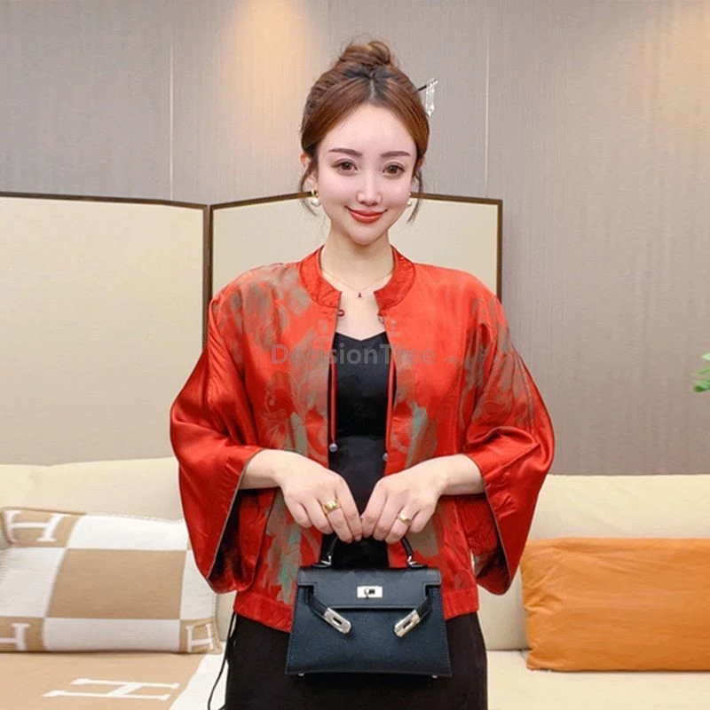 2025 weaving flowers chinese shirt temperament women's tang suit top loose round collar disc buckle leisrue elegant daily coat
