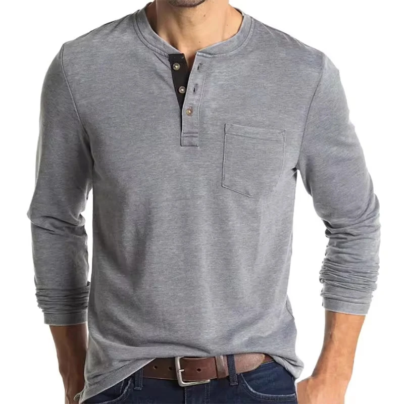 

2025 American European New Fashion Men's Casual Trendy Solid Color Long Sleeve O-neck Button Pullover T-shirts Male Clothes Tops