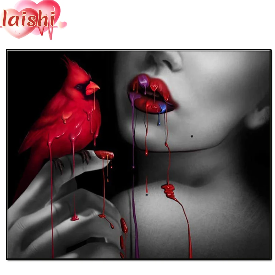 Diy Creative art, red lips, red bird Round drill diamond painting cross stitch mosaics Full cover embroidery diamond embroidery