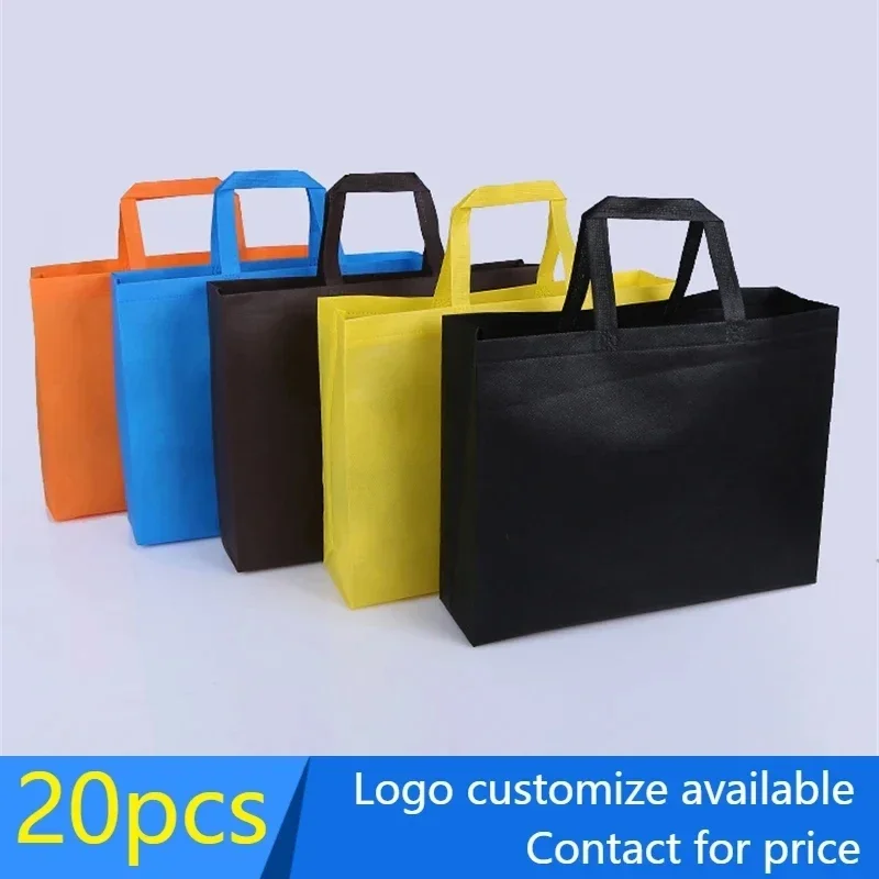 Paquete de 20 bolsas de mano no tejidas, bolsa de compras ecológica duradera con asas para compras de comestibles, se acepta logotipo impreso