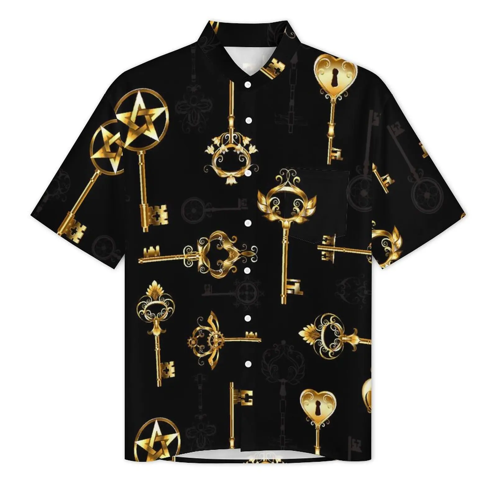 Steampunk Style Casual Shirt Golden Keys Elegant Summer Shirts Mens Short-Sleeved Beach Y2K Street Printed Oversized Blouses