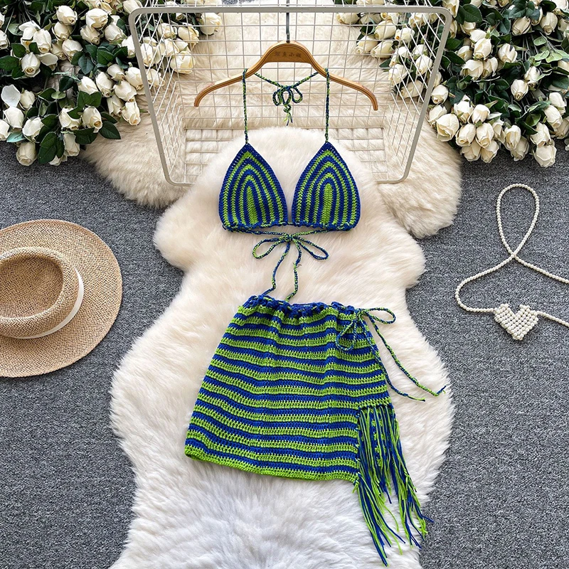 

Vacation style knitted sexy anging neck bikini top striped lace-up tassel short skirt women's summer new beach two-piece set