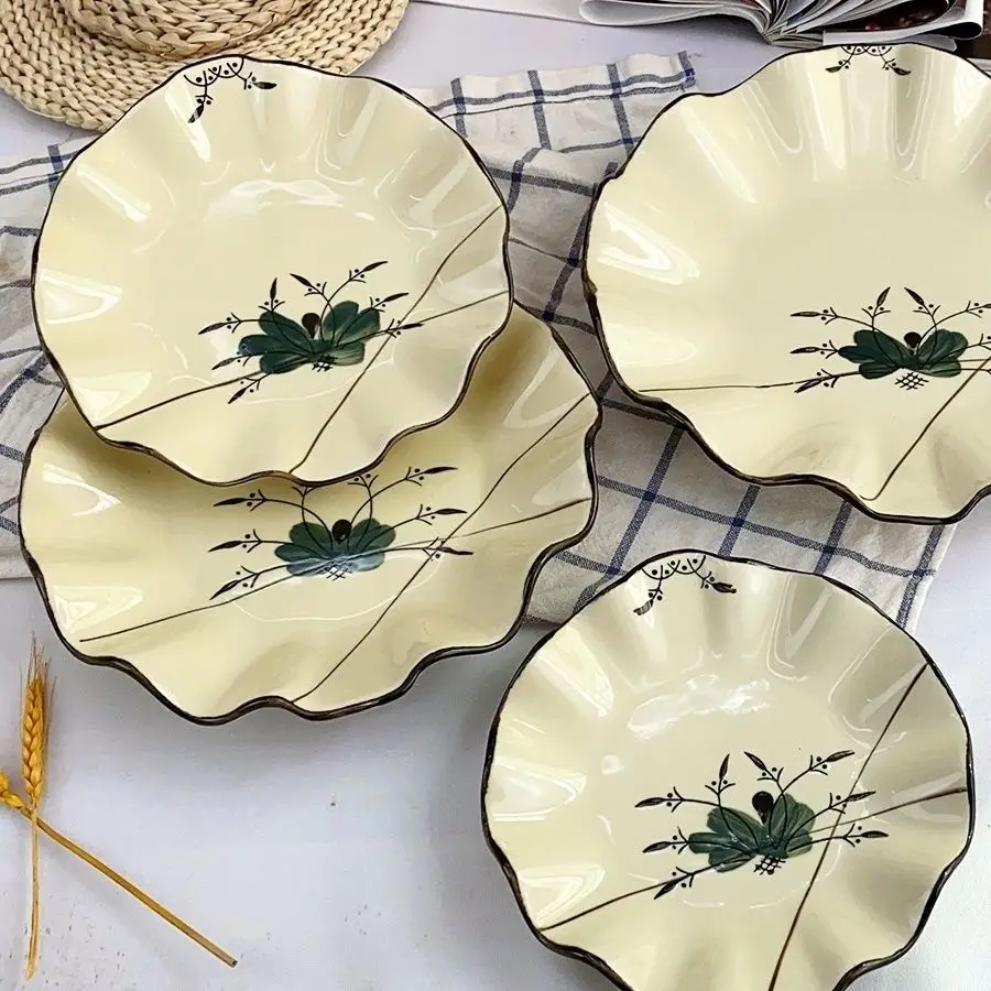 Lotus Irregular Plate Household Lotus Leaf Edge Retro Lace Plate Vegetable Ceramic Vegetable Plate Hotel Tableware