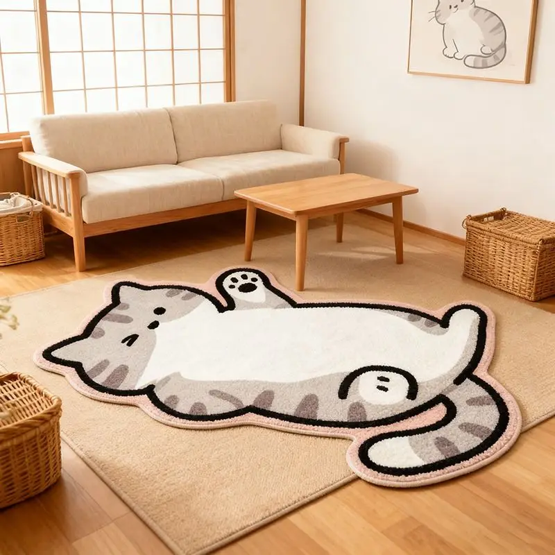 VIKAMA Cartoon Hand-Painted Gray Tiger Spot Cat Shaped Carpet Foyer Bathroom Living Room Cute Cartoon Home Floor Mat Home Decor