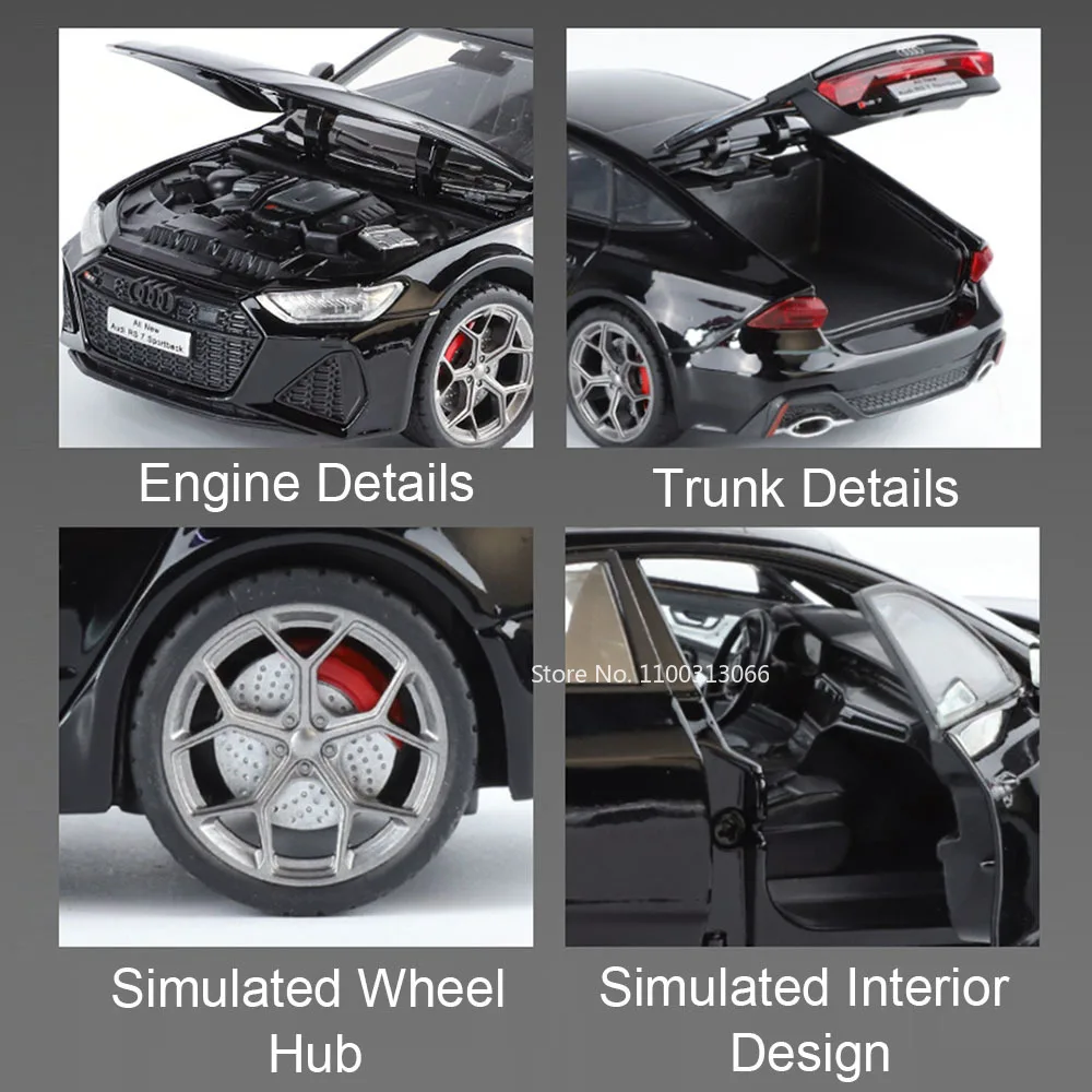Coches de juguete RS7 R8 V10 1:24, modelos de aleación fundidos, neumáticos de goma con sonido ligero, rueda de vehículo, coche en miniatura extraíble, regalos perfectos para niños