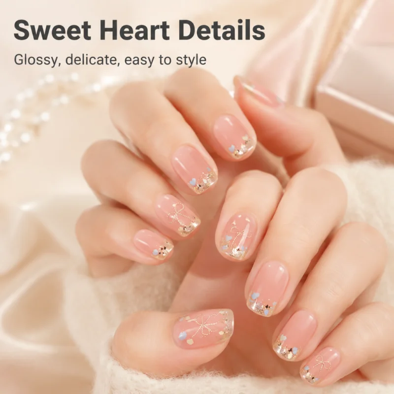 Cute Fairy Glitter Press On Nails Nude Base Silver Bow & Dandelion Design, Short Oval Fake Nails with Iridescent Flakes Reusable Nail Art for Girls