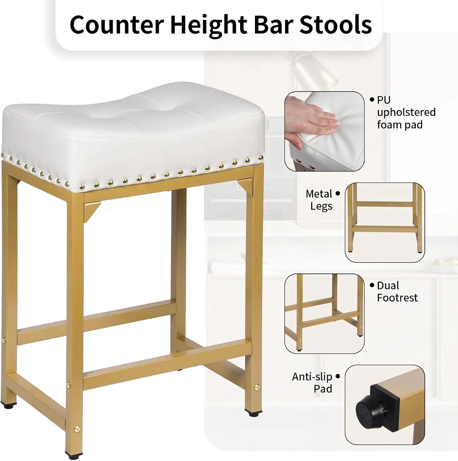 Set of 4 Counter Height,  Gold Bar Stools for Kitchen Island, 24 Inch Modern Counter Stools Set of 4 Backless Barstools Stools