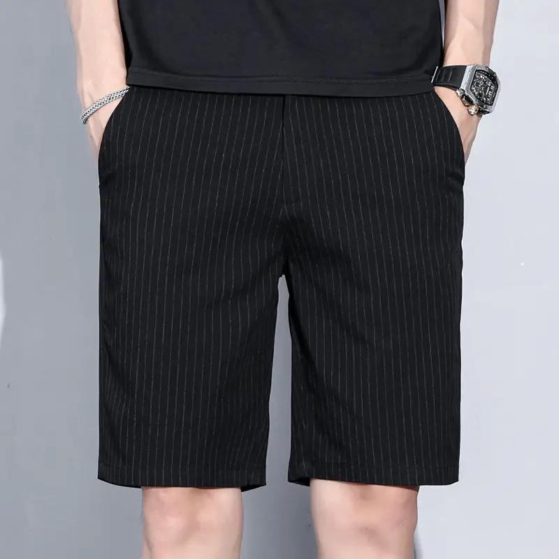 Summer 2026 Men Straight Leg Casual Shorts with Stripe and Plaid Patterns Material Loose Fit Mid Length British Inspired Wear