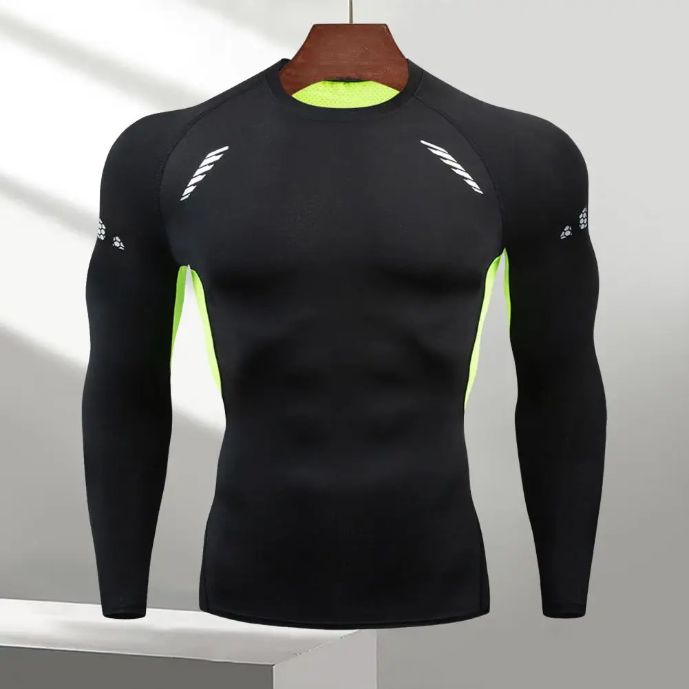 Contrast Color Athletic Shirt High Elasticity Men's Slim Fit Compression Top for Gym Running Quick-drying Long for Basketball